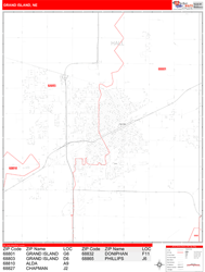 Grand Island Wall Map Zip Code Red Line Style 2024